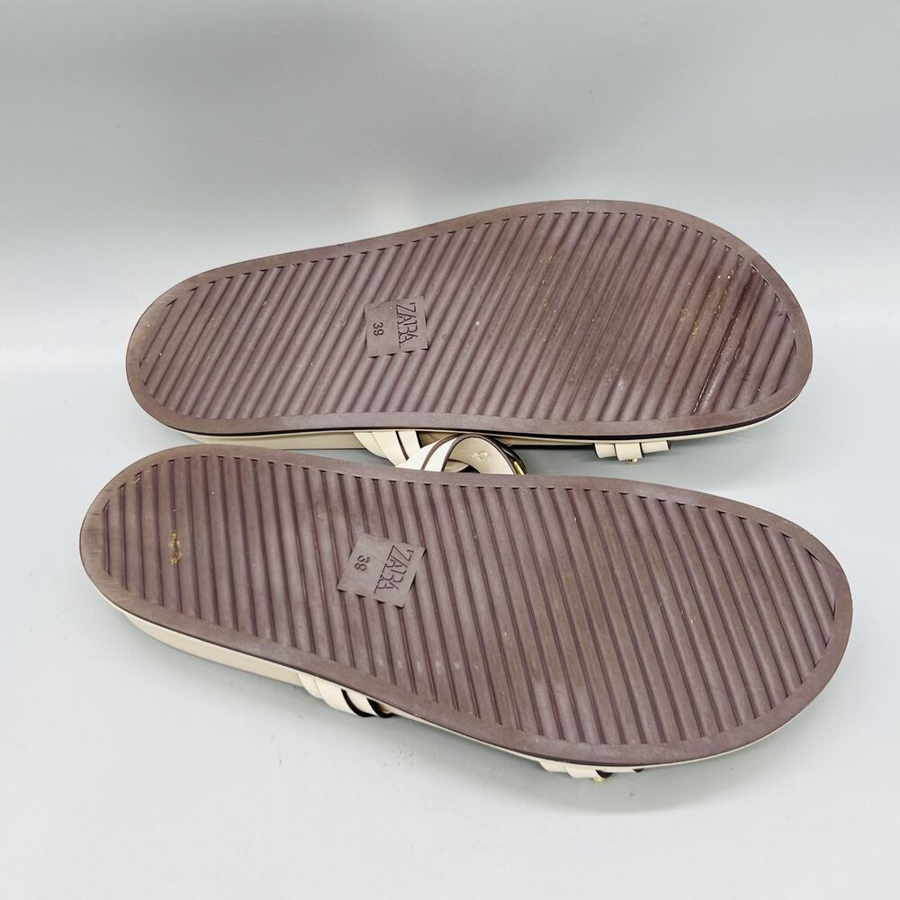 Zara Sandals Womens 8 White Faux Leather Strappy Buckle Slide Flat Shoes Comfort - Picture 8 of 11